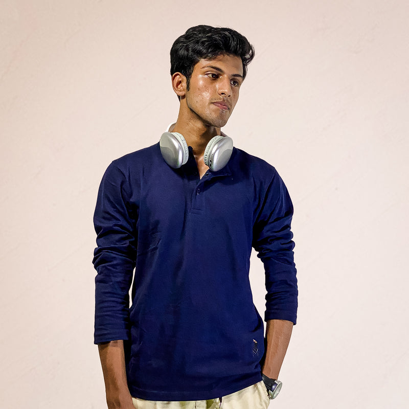 Navy Blue Full Sleeve T-Shirt with Button Placket